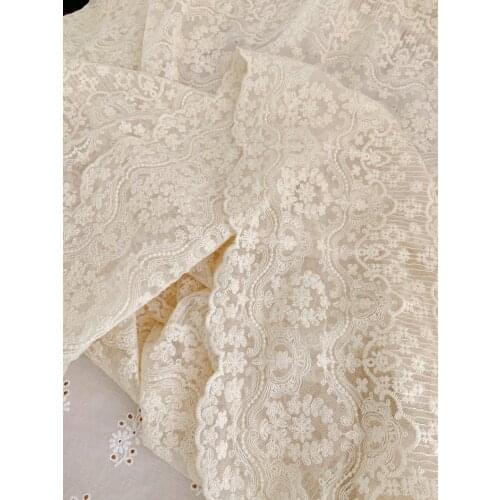 1 Yard Ivory Beige Embroidered Tulle Lace Fabric With Tiny Daisy Flowers And Stripes