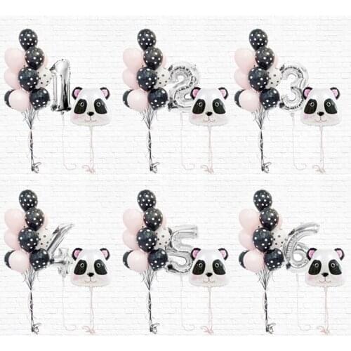12pcs Panda Number Black Dot Birthday Party Balloons Kids Pink Latex Helium Cartoon Animal Globos Baby Shower Decorations Balony