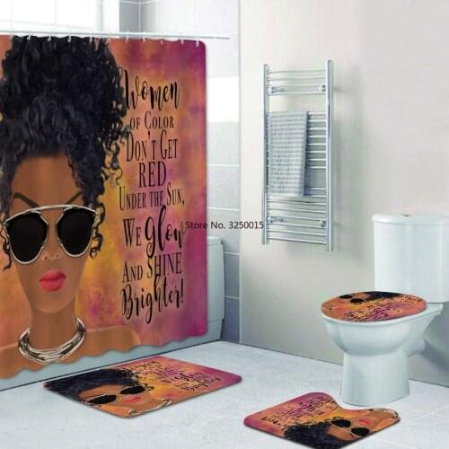3/4 African American Waterproof Shower Curtain Waterproof Bath Rug Carpet Free Hook U Toilet Lid Non-slip Mat Bathroom Cover