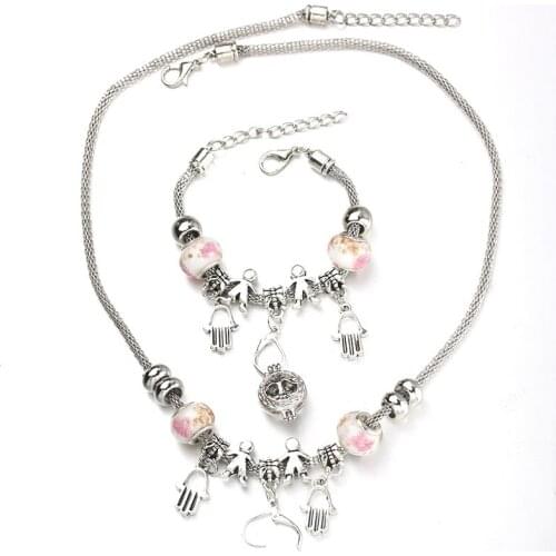 6 Colors Hand of Fatima Necklace Bracelet Set Exquisite Bead Hollow Chain Beaded Bracelet With Hook DIY Pendant Jewelry