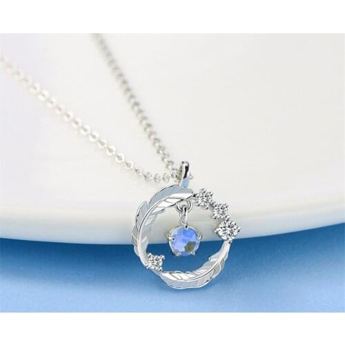 925 Sterling Silver Moonstone Round Bead Feather Charm Pendent Necklace For Women Girls Jewelry Choker dz460