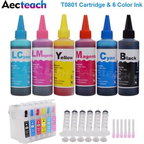 Aecteach T0801 - T0806 Dye Ink Cartridges For Epson Stylus 730WD 800FW 810W 820FWD 700W Printer + 6×100ml Bottle Ink Refill kits