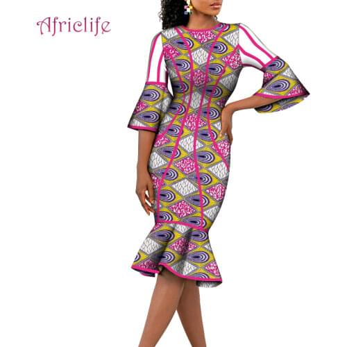 African Dresses Women Flare Mid-sleeve Dashiki Slim Hip Dress Ladies Cover Knee Traditional Clothing Party Fairy Dreams WY582