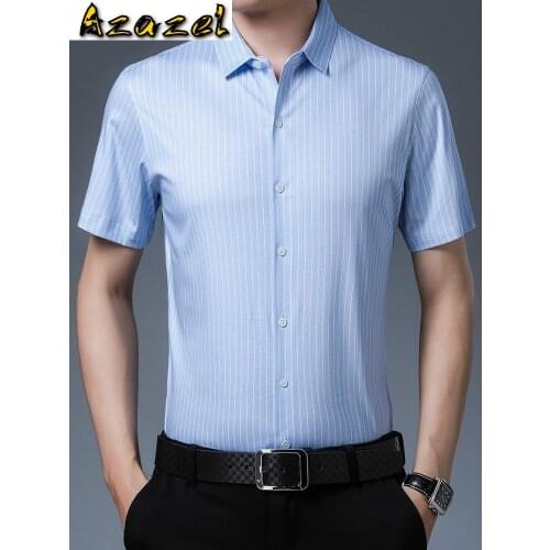 Azazel Men Shirts Real Silk Stripe Shirt Summer Clothes Mens Short Sleeve Shirt Single Breasted Dress Shirts KRD-HL8111