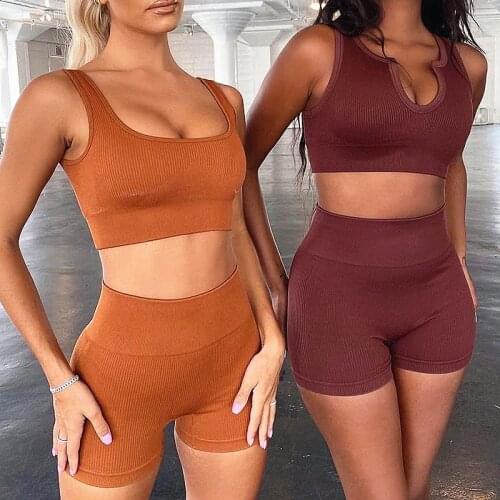 Seamless Sport Set Women Two Piece 2PCS Crop Top Bra Shorts Workout Outfit Fitness Wear Run Gym Suit Female Yoga Sets Clothes