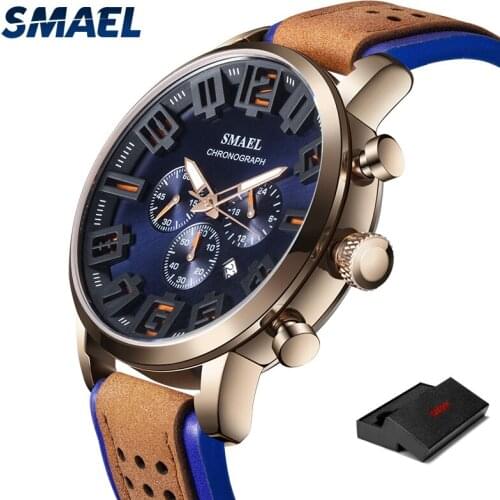 SMAEL Mens Watches Top Luxury Brand Waterproof Sport Wrist Watch Chronograph Quartz Military Genuine Leather Relogio Masculino