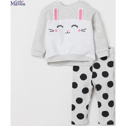 Little maven Baby Girl Clothes 2021 New Autumn Casual Cotton Brand Toddler Gray Cat Shirt + Polka Dot Pants Children Set 20766