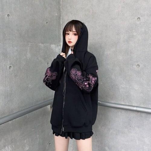 Autumn Fashion Women Zip Up Hoodies Ladies Girls Gothic Skull Crown Print Long Sleeve Oversized Pocket Sweatshirts Streetwear