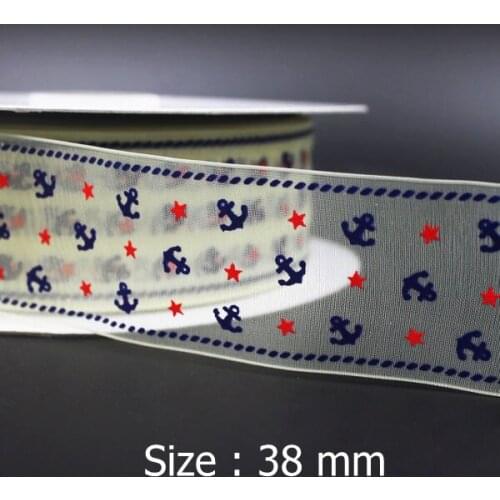 [IuBuFiGo ribbon] 1-1/2" Fancy Printed Organza Ribbon Anchor 38mm Printed Sheer DIY Handmade Ribbons 100yard/lot Free shipping
