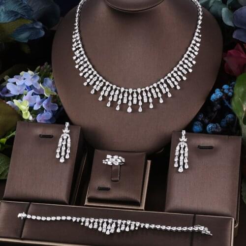 Janekelly 4pcs Bridal Zirconia Full Jewelry Sets For Women Party, Luxury Dubai Nigeria CZ Crystal Wedding Jewelry Sets