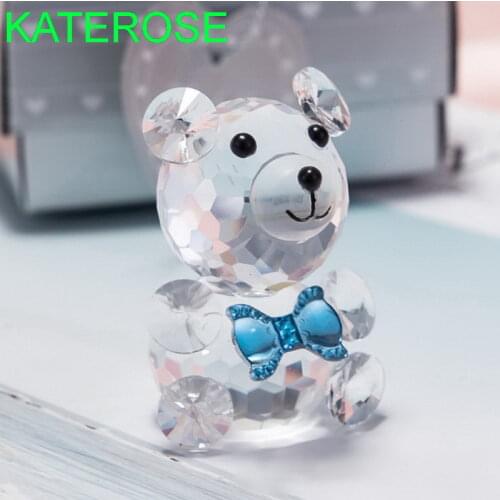 【KATEROSE】Clear Crystal Teddy Bear Figurines with Blue/Red Bow Tie or Red Heart Good For Baby Boy/Girl Shower Favors