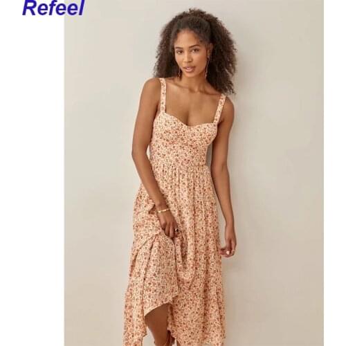 2021 Summer beach Sundresses women vintage floral Sling Middle length Dresses Bohemia Strap Vestidos elegance Retro Midi Dress