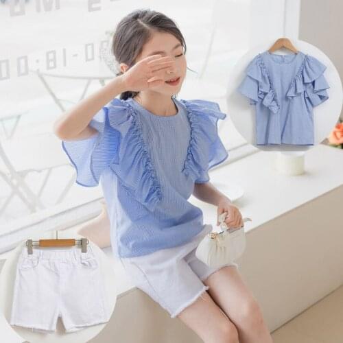 LucaLucky Kids Summer Clothes Baby Big Girls 2 Pcs Petal Sleeve Plaid Ruffles Blouse Shirts & Denim Shorts Children Clothing