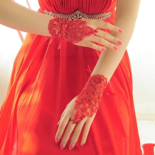 Fashion Women Bridal Bride Elegant Short Rhinestone White Red Lace Fingerless Gloves Wedding Cheap barato Accessories