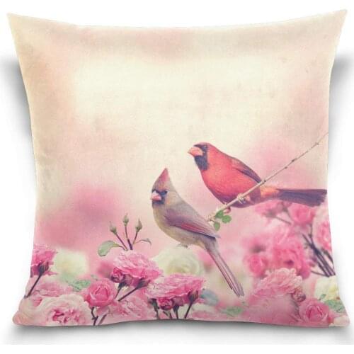 Male and Female Northern Cardinals Pink Flowers Pattern Decorative Throw Pillowcase Cushion Pillow Cover 18x18 Inch for Couch