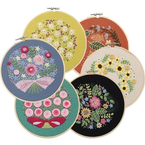 6 styles DIY Embroidery Kit for Beginner 15cm Flower Pattern Needlework Cross Stitch Sewing Art Embroidery Painting Home Decor