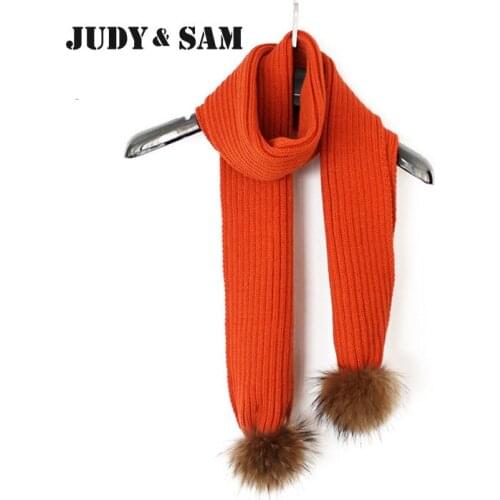 Scarves Women Knitted Wool Scarf Wtih Real Raccoon Fur Pompom Winter Neck Wear