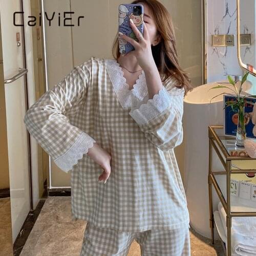 CAIYIER Women Grid Pajamas Set Princess Sweet Fashion Cute Sleepwear Sexy Lace Long Sleeve Pant V-Neck Loose Homewear 2Piece/Set