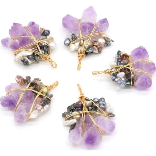 Natural Amethysts Pendant Natural Stone Quartz Wire Wrapped Amethysts Pearl Charms for Handmade DIY Necklace Making Jewelry