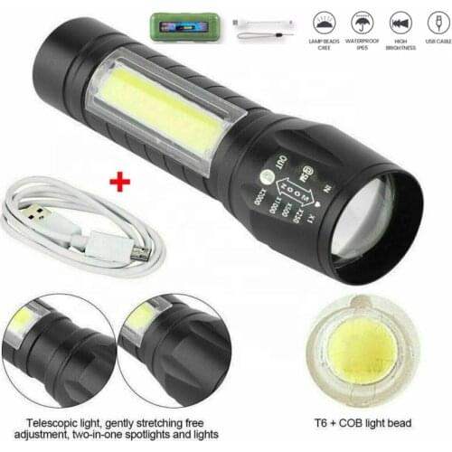 Portable LED Flashlight T6 COB Light Rechargeable Flashlight Built-in Battery Zoom Flashlight Waterproof Emergency Torch Camping