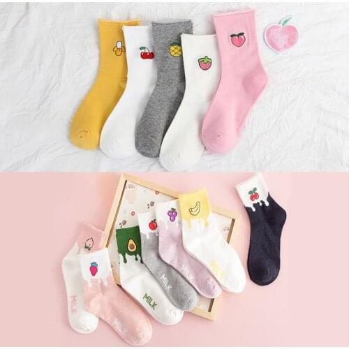 Q Fruit Pattern Sock High Quality Fashion Cotton Women Socks Summer Patchwork Color Korean Mid Tube Sports Breathable