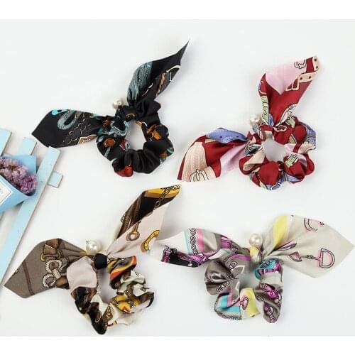 1PCS Hair Scrunchies Hairband Printed fabric Ponytail Holder Tie Bow for Women Tie Ropes Adult Elastic Girls Hair Ties Gum