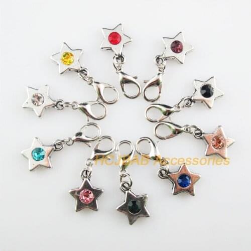 10 New Star 11.5x14mm Charms Mixed Round Crystal Tibetan Silver Tone Retro With Lobster Claw Clasps