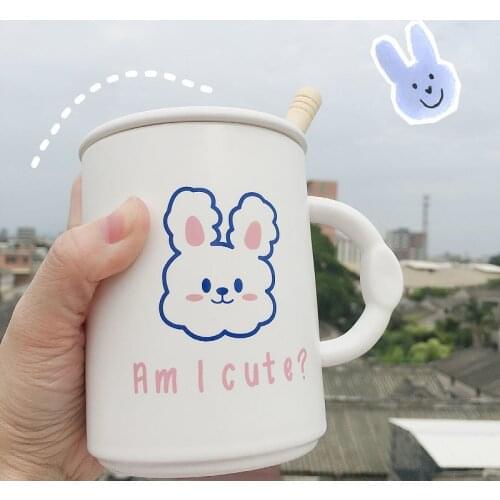 400-500ML Cute Mugs Rabbit Bear Smile Face Cup Ins Ceramic Cup Student Korean Style Cartoon Mug with Lid and Spoon Coffee Mug