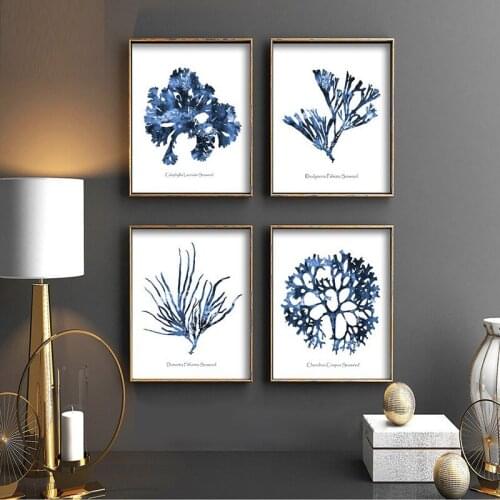 Blue marine life canvas poster nature beach nautical art watercolor coral wall picture one piece canvas painting home decoration