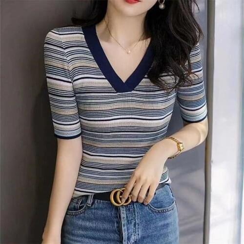 BOBOKATEER Tops For Women Summer 2021 Short Sleeve Camisetas De Mujer Striped Woman Tshirts V-Neck Haut Femme T-shirty Damskie