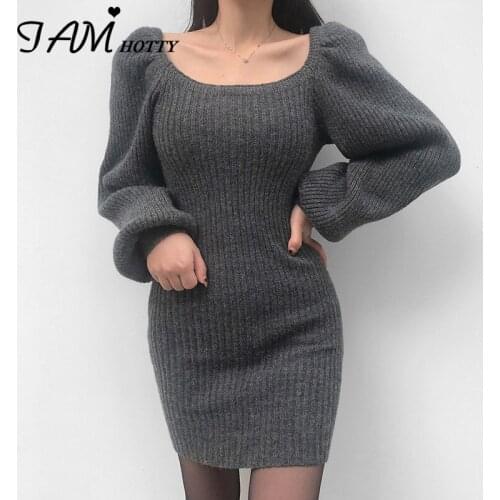 Solid Color Puff Sleeve Knitted Bodycon Stretchy Womens Dress Elegant Square Collar Korean Fashion Slim Party Dresses Iamhotty