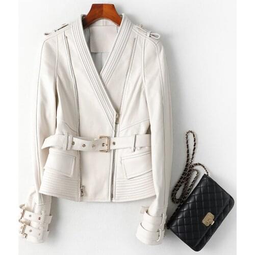 Coat Sheepskin Natural Women 100% Genuine Leather Jacket Streetwear Moto Biker Womens Fur Coat New White Coats Jackets LWHN-0783