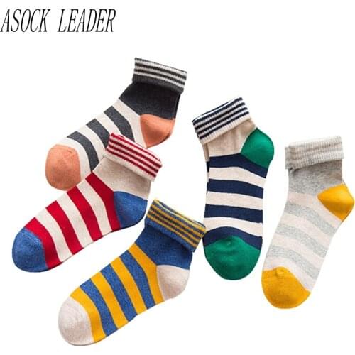 ASOCK LEADER Women Socks Autumn winter High Quality Cotton Stripe Fashion flanging Style Womans Socks Girls Socks 5 Pairs / Lot