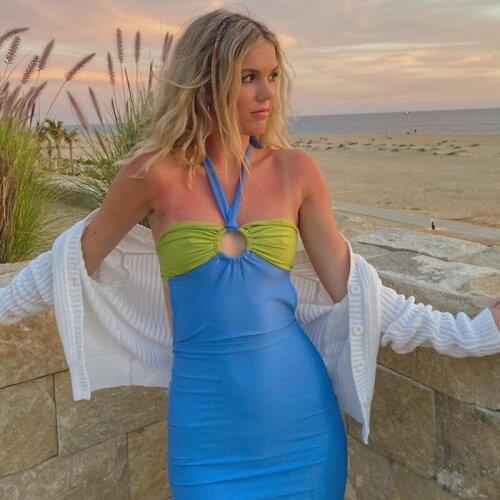 Retro Contrast Streetwear Bandage Dresses Women Hollow Halter Sexy Mini Dress 2021Summer Beach Style Ladies Backless Short Dress