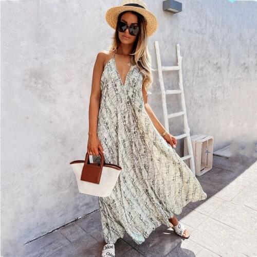 Summer Dress Women Sexy Deep V Neck Loose Halter Lace-Up Big Swing Long Dress For Woman Sling Stripe Printing Backless Vestidos