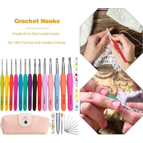 14pcs Aluminum Crochet Set Easy to Use Smooth Touch Easy Operate TPR Soft Handles Knitting Needles Kit Weaving Tools