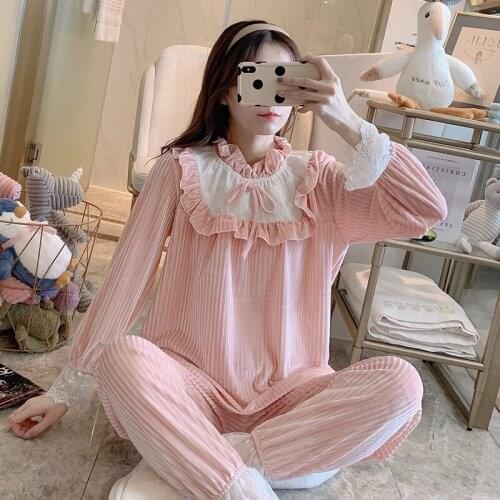 2020 Autumn Winter Korean Long Sleeve Thick Warm Gold Velvet Pajama Sets Women Cute Lace Sleepwear Homewear Pijama Mujer Clothes