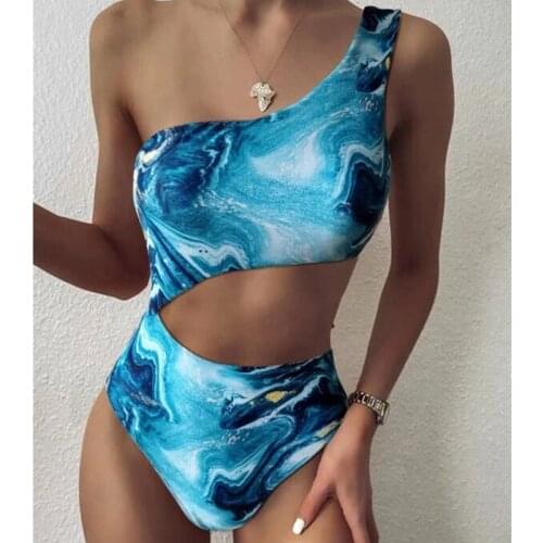 2021 Sexy Swimsuit Blue Bikini Ladies Biquini One Shoulder Beachwear Bather Swimwear Women Bathing Swimming Suit Maillot De Bain