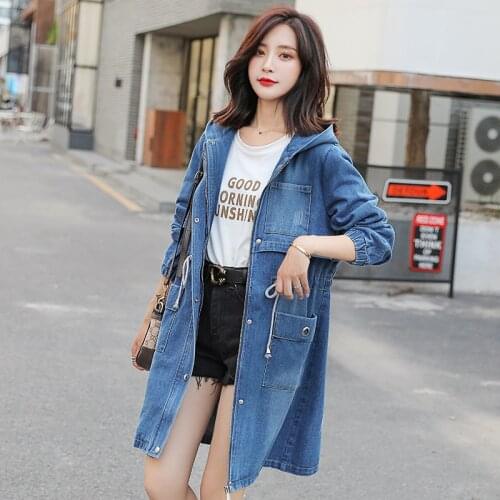 #3134 Women Coats And Jackets With Hooded Casual Blue Denim Jacket Long Loose Pockets Diamonds Jeans Jacket Ladies Zipper
