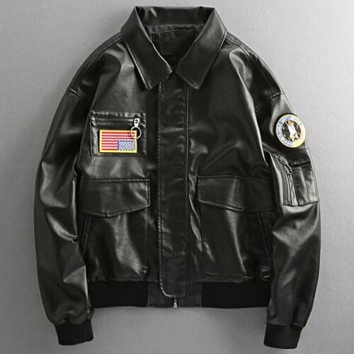 US Style Air Force Male Leather Coat Streetwear Plus Size 4XL Navy Casual Badge Patchwork PU Jacket Men Overcoat Spring A546