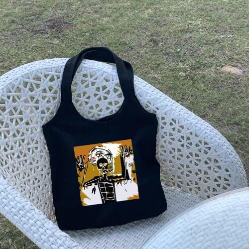 White and Black Hip Hop Cartoon Print Bag Tote Shopping Travel Canvas Bags Eco Foldable Shopper Bag Harajuku Reusable Large Bags