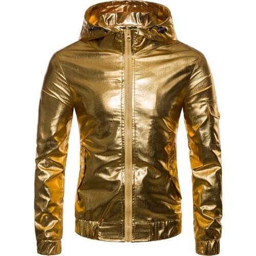 Shiny Gold Coated Metallic Jacket Men 2020 Casual Zipper Hooded Jacket Men Night Club Jackets Slim Hip Hop Jaqueta Masculina XXL