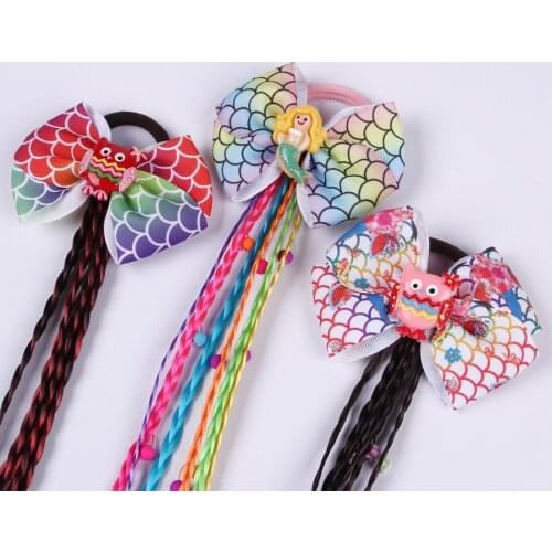 XIMA 1PC Children Unicorn Wig Elastic Hair Bands Mermaid Bows Hair Ties Twisted Sweet Kids Lovely Wig Hairband Hair Accessories