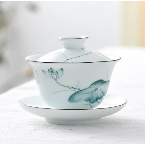Handpainted water lily porcelain gaiwan 125ml / 165ml / 200ml Chinese tureen cup bowl with saucer lid floral print under glaze