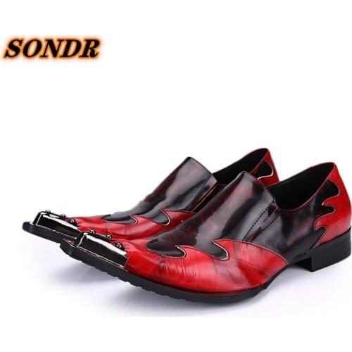 Classical Men Dress Shoes Flat Formal Business Casual Iron Pointed Breathable Genuine Leather Oxford Wedding Red Zapatos Hombre