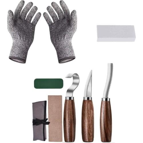 6pcs Wood Carving Tools Set DIY Art Craft Hand Chisel Hook Knife Woodworking Spoon Sculptural Whetstone Gloves for Beginners