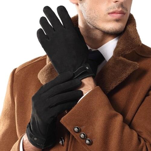2020 NEW Genuine Leather Gloves Male Black Men Suede Sheepskin Gloves Autumn Winter Warm Plush Lined Driving Glove 9002