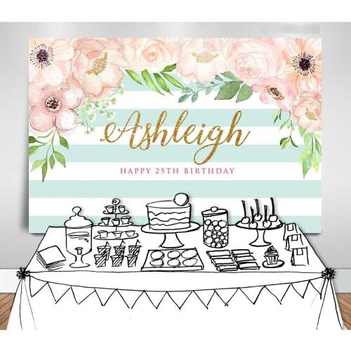 Custom Pink And Mint flower Green leaves blue and white striped backdrops High quality Computer print party background
