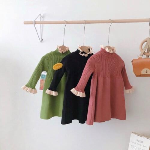 Explosion autumn and winter new childrens clothing girls baby knitted wool dress baby solid color comfortable sweater dress