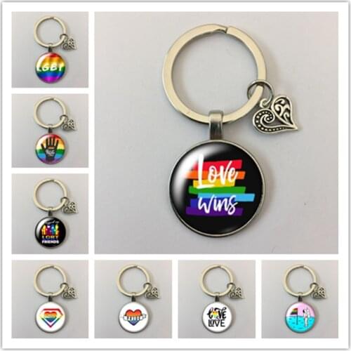 Love is Love LGBT rainbow flag Support and pride glass cabochon keychain Bag Car key chain Ring Holder Charms keychains Gifts
